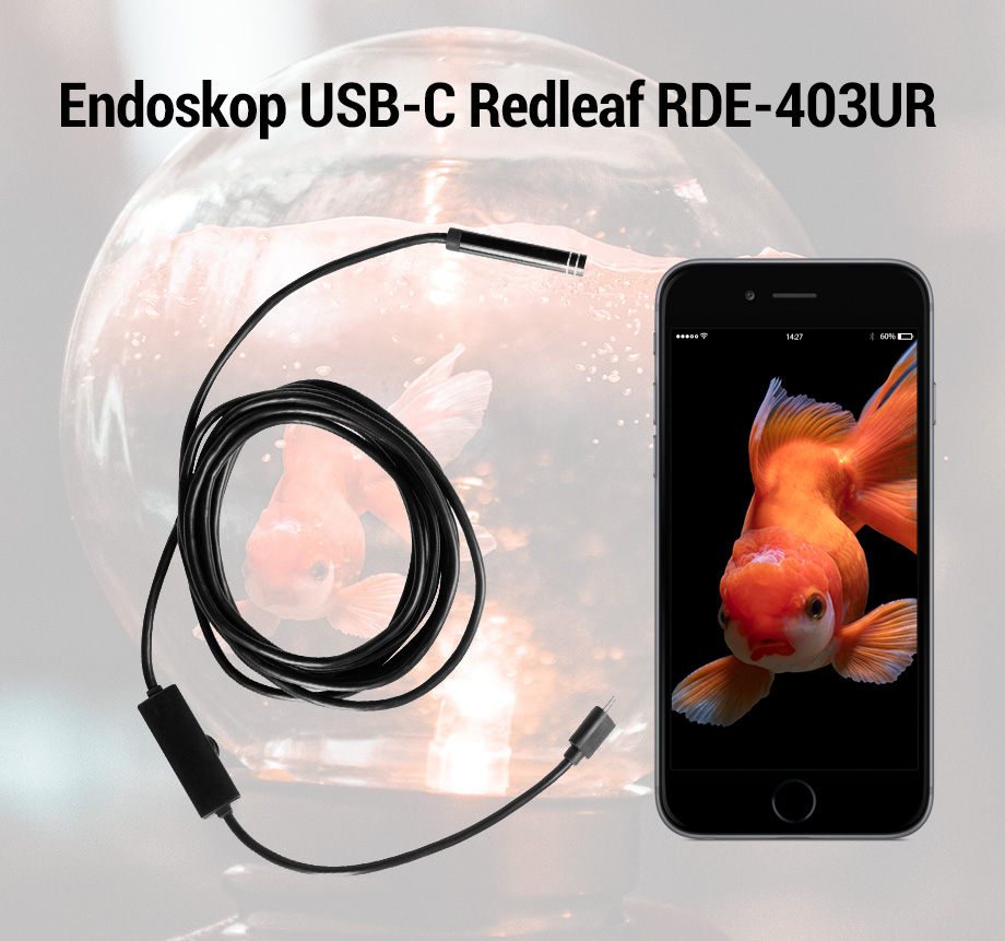 Zdjęcie endoskopu USB-C Redleaf RDE-403UR podłączonego do smartfonu