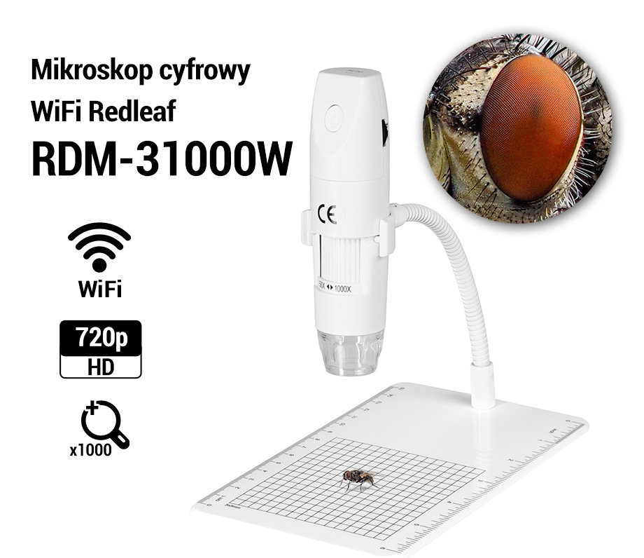 Zdjecie pokazujące głowne cechy i powiększenie Mikroskopu cyfrowego WiFi Redleaf RDM-31000W - powiększenie x1000