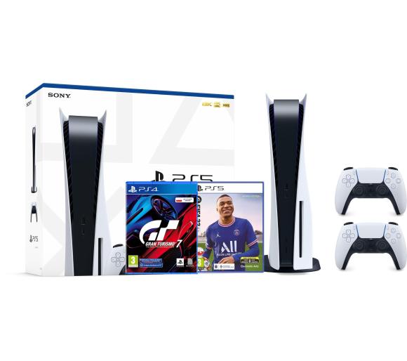 konsola PS5 Sony PlayStation 5 (PS5) + Gran Turismo 7 + FIFA 22 + dodatkowy pad (biały)