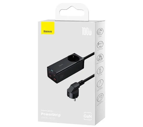 Baseus GaN3 Pro PowerStrip 2xUSB-A + 2xUSB-C + AC 100W Czarny - ⚡ BESTSELLERY ⚡