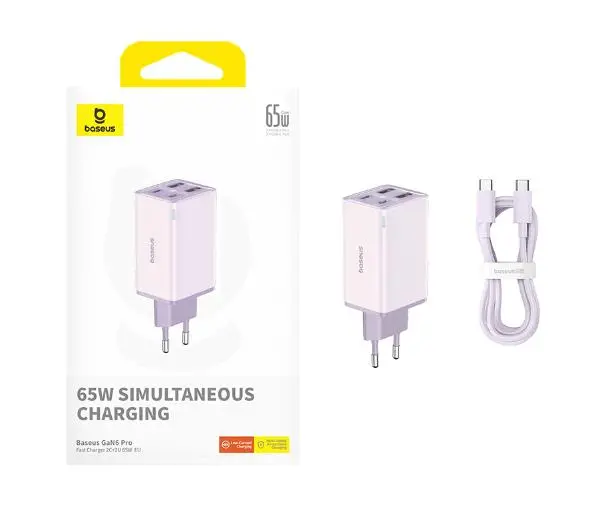 Baseus GaN6 Pro 2xUSB-C + 2xUSB 65W Fioletowy