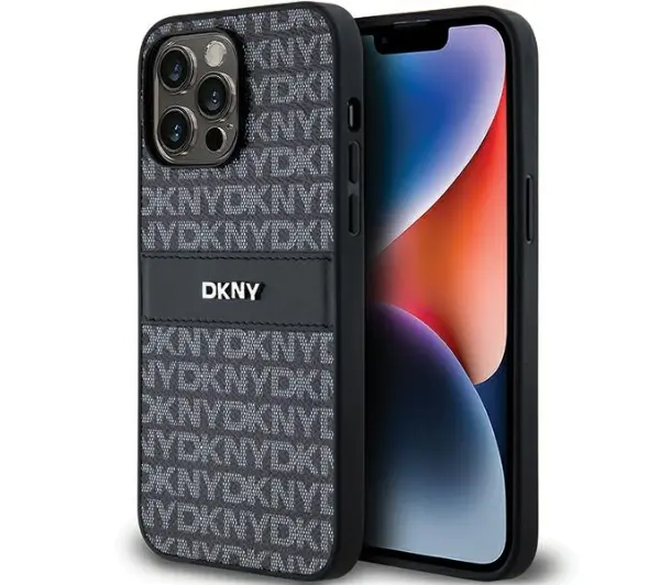 DKNY Leather Mono Stripe & Metal Logo do iPhone 14 Pro Czarny
