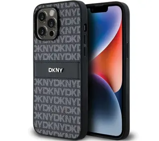 DKNY Leather Mono Stripe & Metal Logo do iPhone 14 Pro Czarny
