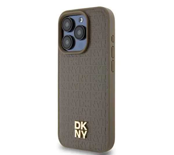 DKNY Leather Pattern Metal Logo MagSafe do iPhone 14 Pro Max Brązowy