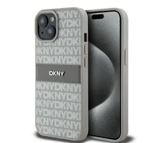 DKNY Hardcase Leather Mono Stripe & Metal Logo do iPhone 15 Plus Beżowy
