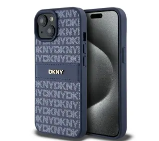 DKNY Hardcase Leather Mono Stripe & Metal Logo iPhone 15 Niebieski