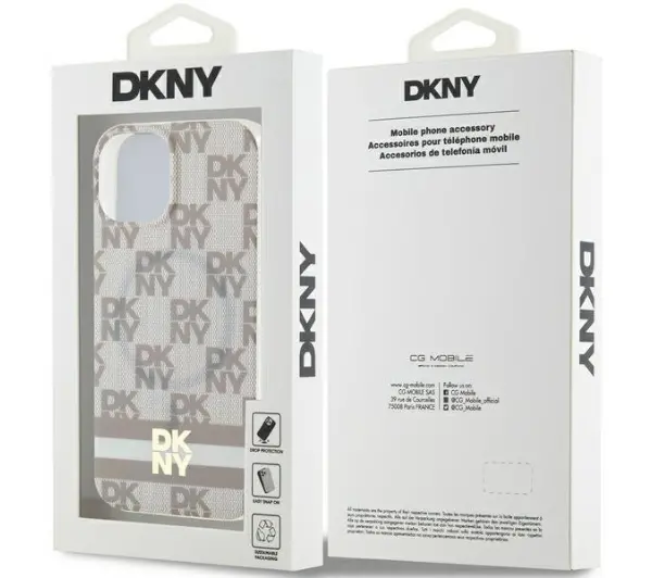 DKNY IML Checkered Mono Pattern & Printed Stripes MagSafe do iPhone 15 Plus Beżowy