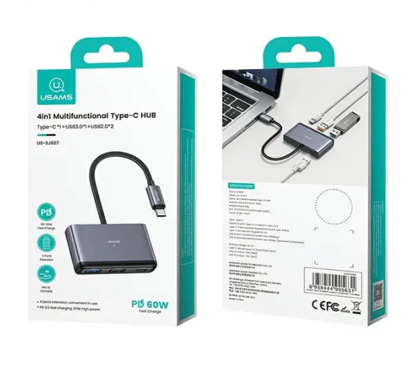 USAMS SJ627HUB01 4w1 2xUSB 2.0/USB 3.0/ USB-C Szary