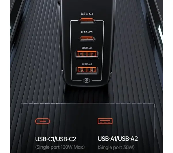 USAMS T44 2xUSB-C+2xUSB 100W PD3.0 Czarny