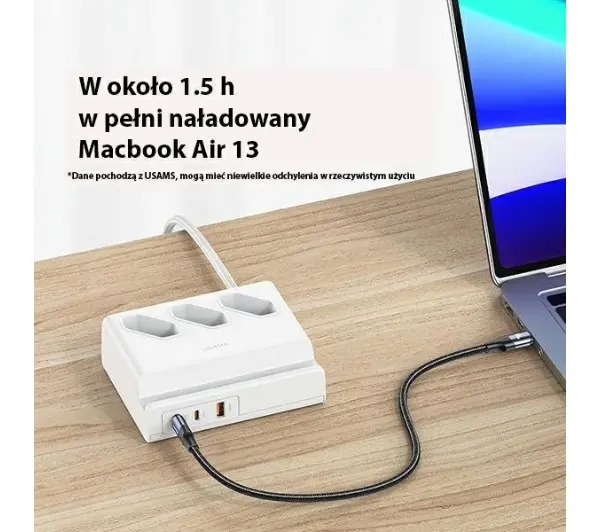 USAMS CC160TC01 3 gniazda 2xUSB-C USB-A 65W 2m Biały