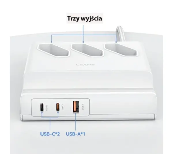 USAMS CC160TC01 3 gniazda 2xUSB-C USB-A 65W 2m Biały