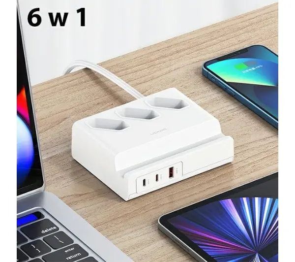 USAMS CC160TC01 3 gniazda 2xUSB-C USB-A 65W 2m Biały