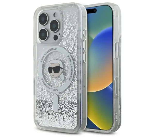 Etui KARL LAGERFELD Liquid Glitter Karl Head MagSafe do Apple iPhone 16 Pro Przezroczysty