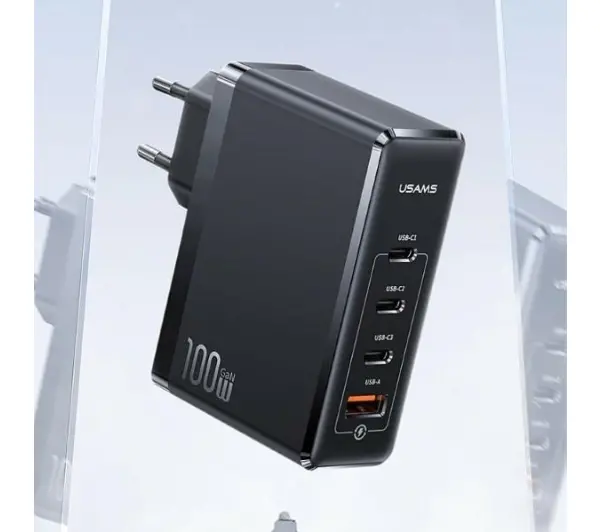 USAMS 3xUSB-C+1xUSB GaN 100W PD Fast Charging Czarny