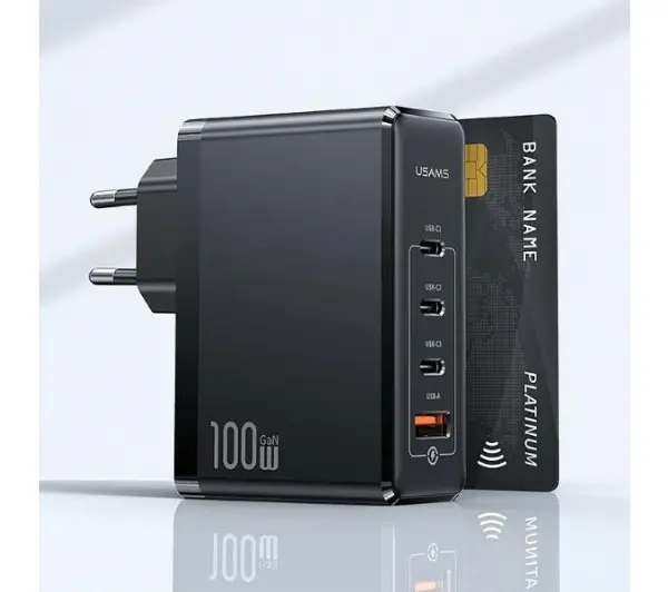 USAMS 3xUSB-C+1xUSB GaN 100W PD Fast Charging Czarny