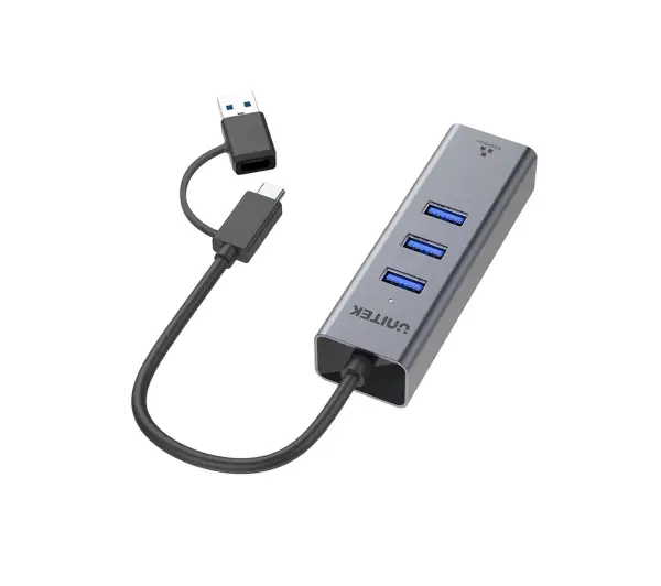 Unitek Y-3088B 4w1 Ethernet 3 x USB A 5 Gbps USB-C z adapterem USB A Szary