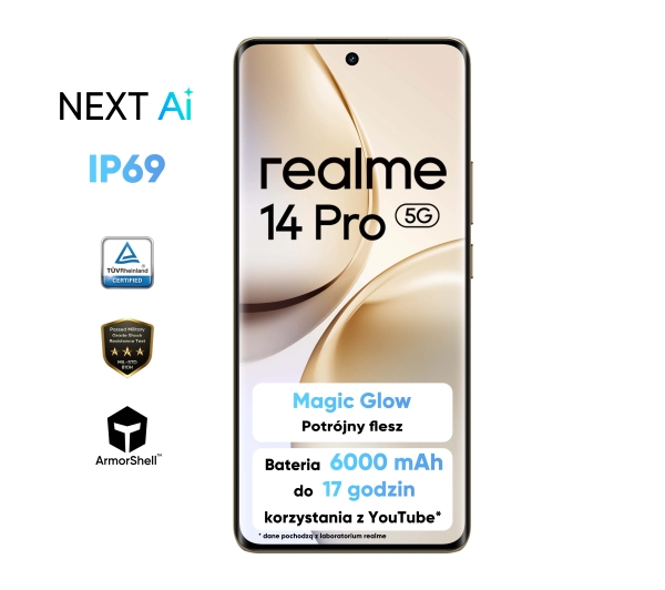 realme 14 Pro 5G 8/256GB Funkcje AI 6,77" 120Hz 50Mpix Perłowy - Kup na Raty - RRSO 0%
