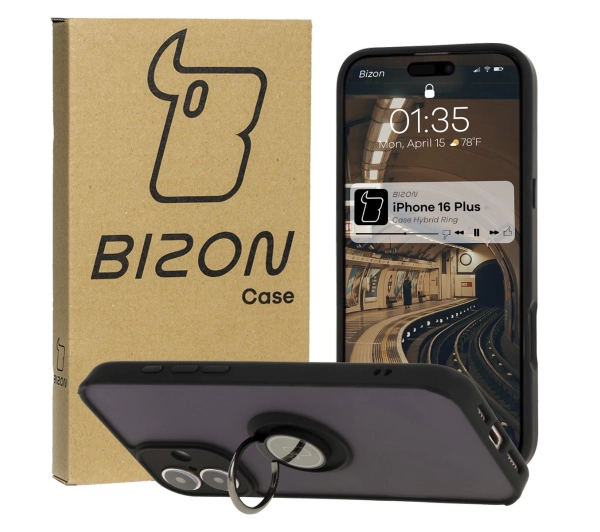 Bizon z uchwytem na palec Hybrid Ring do iPhone 16 Plus Przydymione z czarną ramką