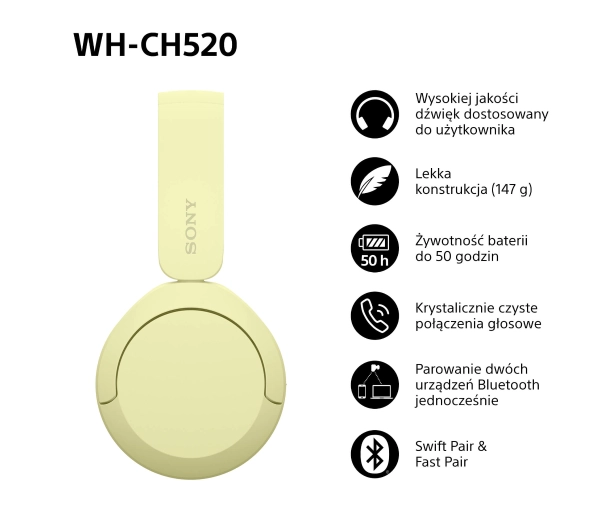 Sony WH-CH520 Nauszne Bluetooth 5.2 Żółty - ⚡ BESTSELLERY ⚡