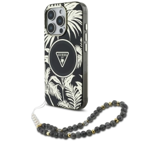 Guess Palm Trees Triangle Pearl Strap MagSafe do iPhone 16 Pro Czarny