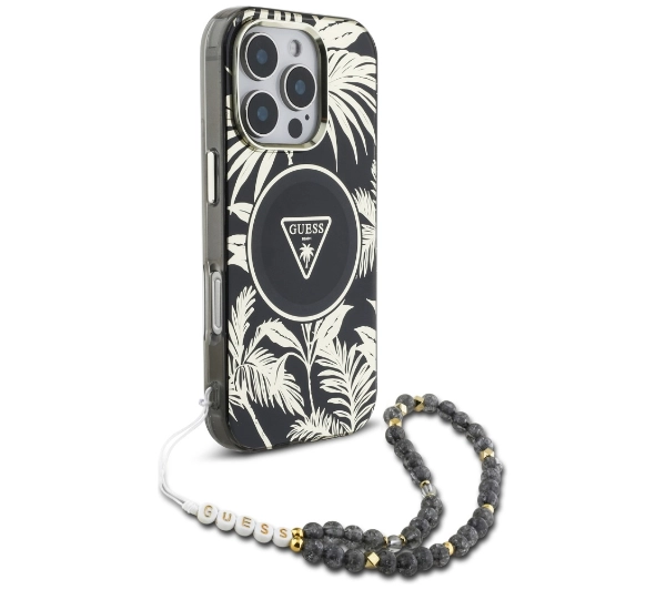 Guess Palm Trees Triangle Pearl Strap MagSafe do iPhone 16 Pro Czarny