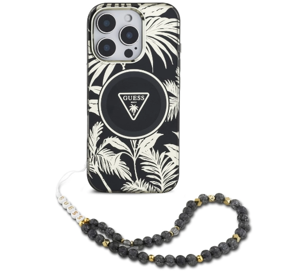 Guess Palm Trees Triangle Pearl Strap MagSafe do iPhone 16 Pro Czarny