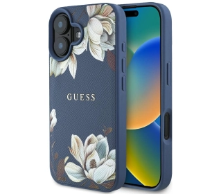 Guess Grained Printed Flower Pattern MagSafe do iPhone 16 Niebieski