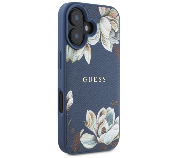 Guess Grained Printed Flower Pattern MagSafe do iPhone 16 Niebieski