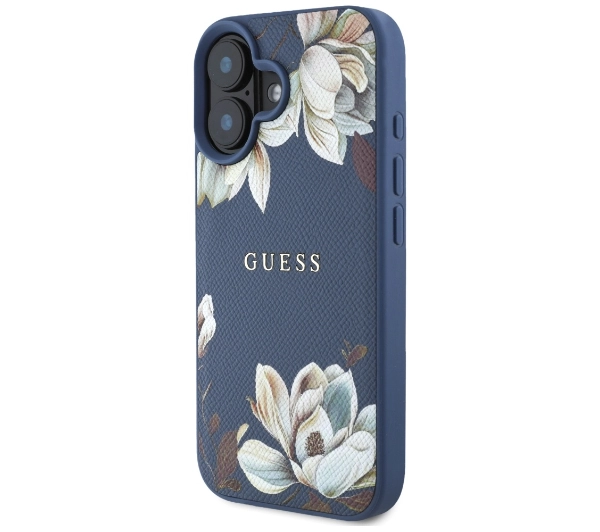 Guess Grained Printed Flower Pattern MagSafe do iPhone 16 Niebieski