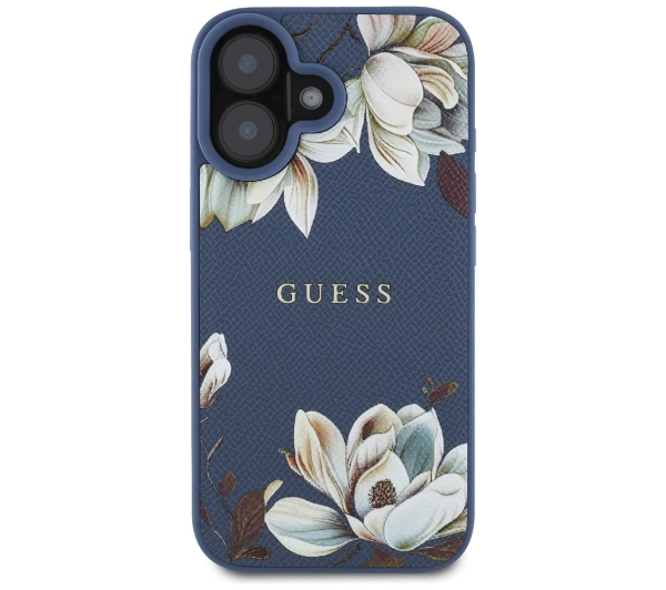 Guess Grained Printed Flower Pattern MagSafe do iPhone 16 Niebieski