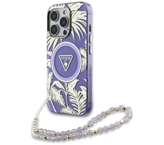Guess Palm Trees Triangle Pearl Strap MagSafe do iPhone 16 Pro Fioletowy