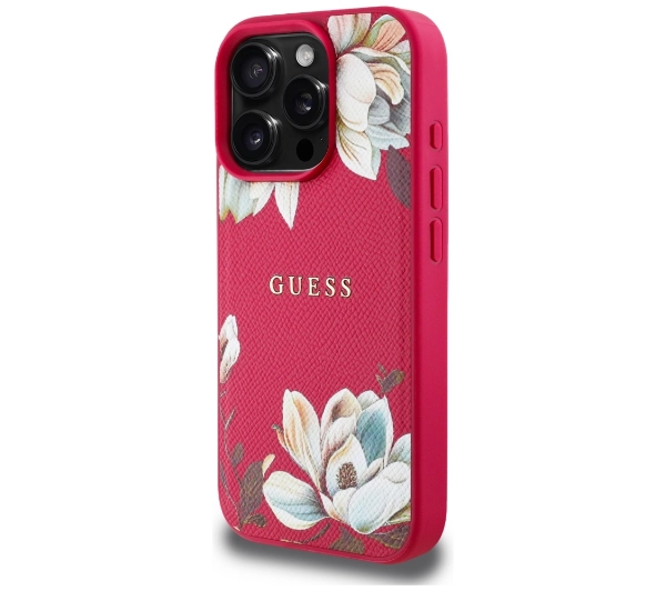 Guess Grained Printed Flower Pattern MagSafe do iPhone 16 Pro Fuksja