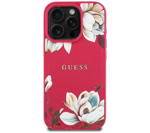 Guess Grained Printed Flower Pattern MagSafe do iPhone 16 Pro Fuksja
