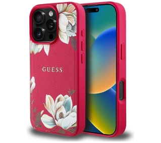 Guess Grained Printed Flower Pattern MagSafe do iPhone 16 Pro Fuksja