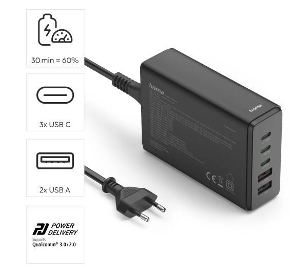 Hama 201978 140W 3x USB-C, 2x USB-A Czarny