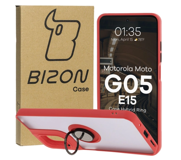 Bizon z uchwytem na palec Hybrid Ring do Motorola Moto G05/E15 przydymione z Czerwoną ramką
