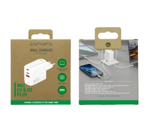 4smarts GaN Flex 65W 2x USB-C 1 USB-A Biały
