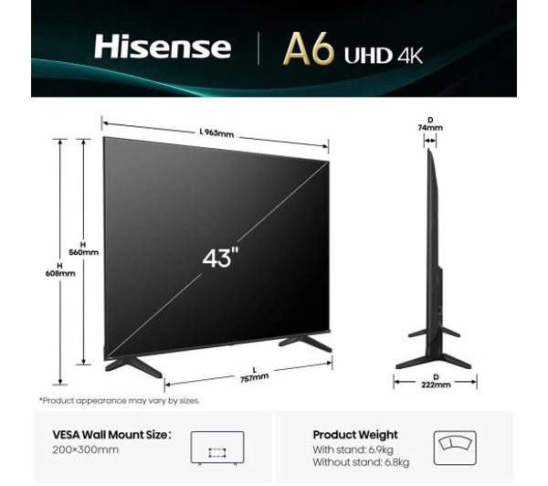 Hisense 43A6Q 43" LED 4K Smart TV Funkcje AI Dolby Vision HDMI 2.1 DVB-T2