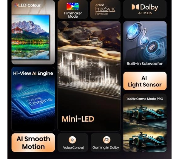 Hisense 75E8Q  75" ULED MiniLED 4K 144Hz Smart TV Funkcje AI Dolby Vision Dolby Atmos HDMI 2.1 DVB-T2 - Kup na Raty - RRSO 0%