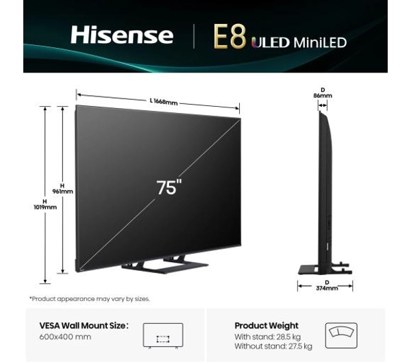 Hisense 75E8Q  75" ULED MiniLED 4K 144Hz Smart TV Funkcje AI Dolby Vision Dolby Atmos HDMI 2.1 DVB-T2 - Kup na Raty - RRSO 0%