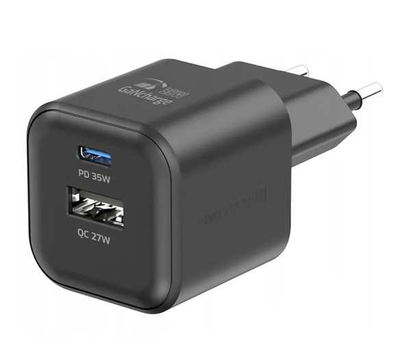Swissten 22071210 GaN 1x USB-C 35W PD 1x USB-A 27W QC Czarny