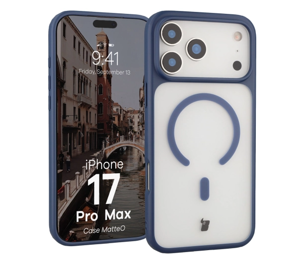 Bizon MatteO z MagSafe do Apple iPhone 17 Pro Max Półprzezroczyste z niebieską ramką