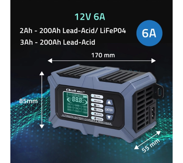 Qoltec 52488 Inteligentna mikroprocesorowa z testerem baterii i funkcją naprawy 12V / 6A Prostownik do akumulatora AGM