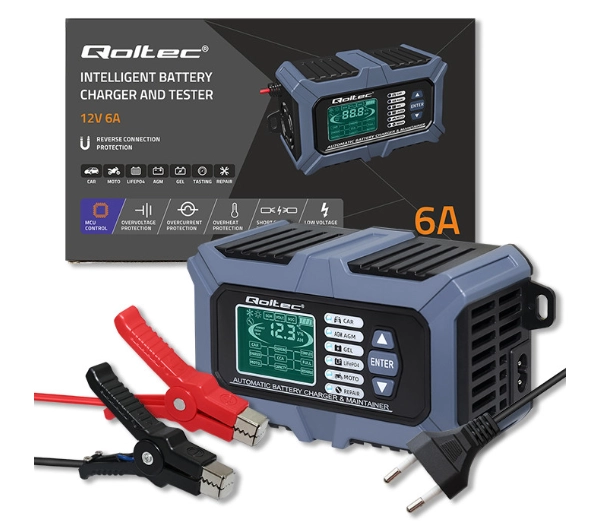 Qoltec 52488 Inteligentna mikroprocesorowa z testerem baterii i funkcją naprawy 12V / 6A Prostownik do akumulatora AGM