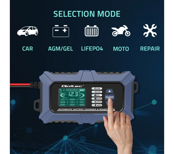 Qoltec 52488 Inteligentna mikroprocesorowa z testerem baterii i funkcją naprawy 12V / 6A Prostownik do akumulatora AGM