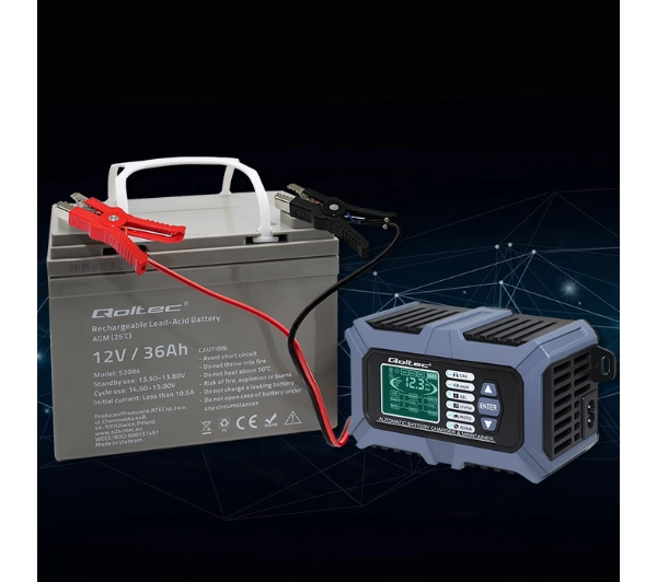 Qoltec 52488 Inteligentna mikroprocesorowa z testerem baterii i funkcją naprawy 12V / 6A Prostownik do akumulatora AGM