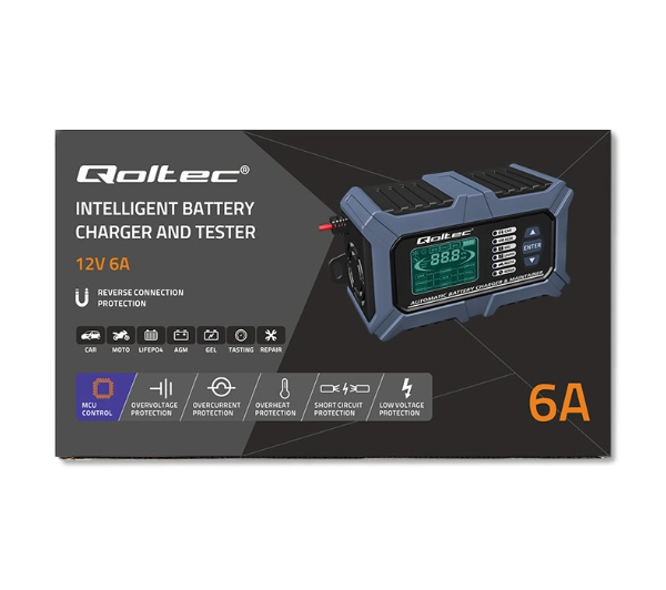 Qoltec 52488 Inteligentna mikroprocesorowa z testerem baterii i funkcją naprawy 12V / 6A Prostownik do akumulatora AGM