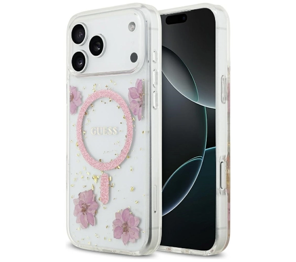 Guess Resin Flowers Glitter MagSafe do iPhone 17 Pro Max różowy