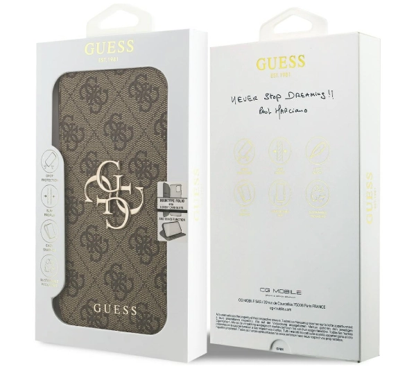 Guess Book 4G Metal Logo do iPhone 17 Pro Max Brązowy