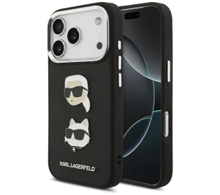 Karl Lagerfeld FW Grained Karl & Choupette Heads Pins & Logo do iPhone 17 Pro Czarny